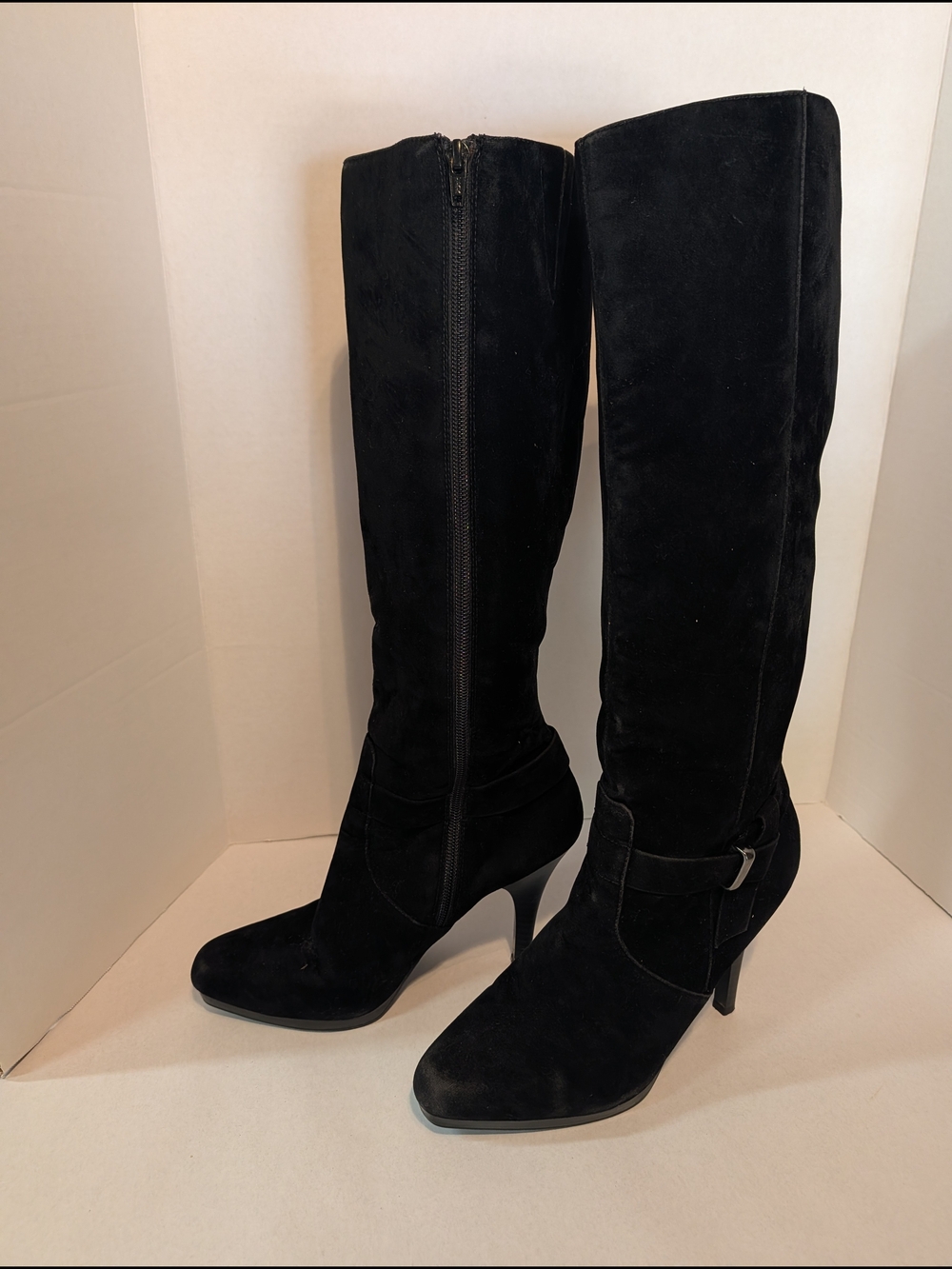 Worthington Tall Black Faux Suede High Heel Boots Women's Size 8M Mobwife Luxury